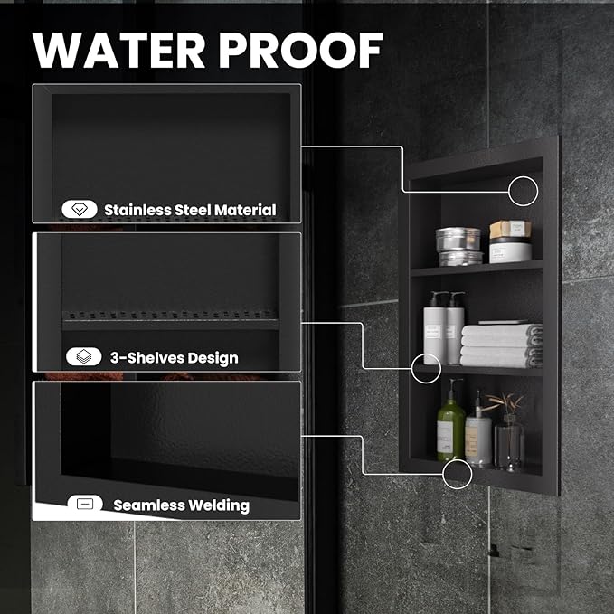 Stainless Steel Shower Niche 14" X 24"，3-Tier Shelf Niches Bathroom Shelf Recessed Wall Niche No Tile Needed Shower Shelf for Bathroom Storage(Black, 14 x 24)