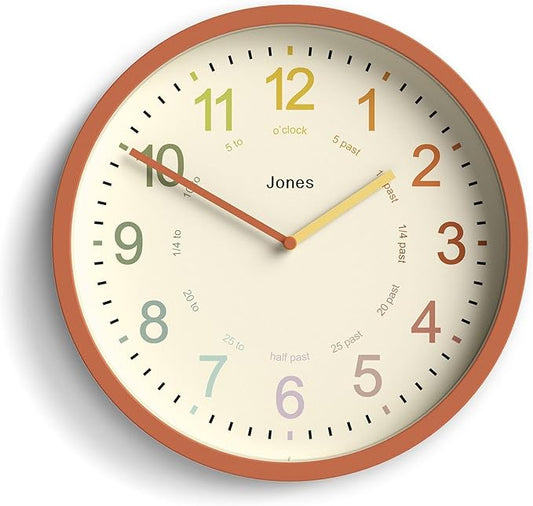 JONES CLOCKS® Kids Wall Clock | Small Modern Children’s Clock | 10 inch | Terracotta Orange | Colourful Numbers | Learn to Tell The time