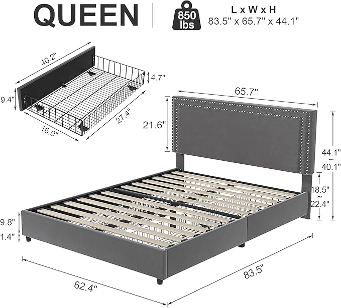 VECELO Queen Size Upholstered Platform Bed Frame with 4 Storage Drawers, Adjustable Velvet Rivets Headboard, Wooden Slats Support, No Box Spring Needed, Easy Assembly
