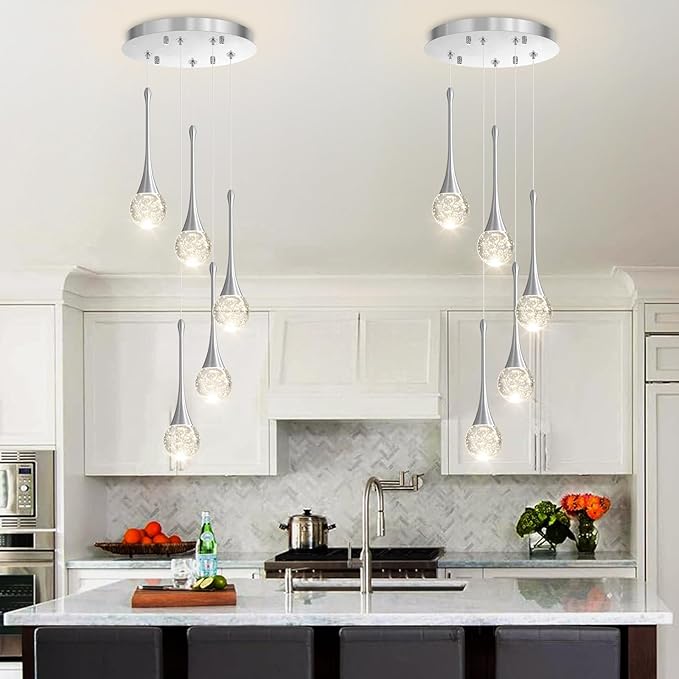 cenzoz 5-Lights Modern Pendant Lights for Kitchen Island LED Dimmable Chandelier Crystal Glam Ceiling Pendant Lighting for Dining Room Hallway Bedroom Lamp Brushed Nickel
