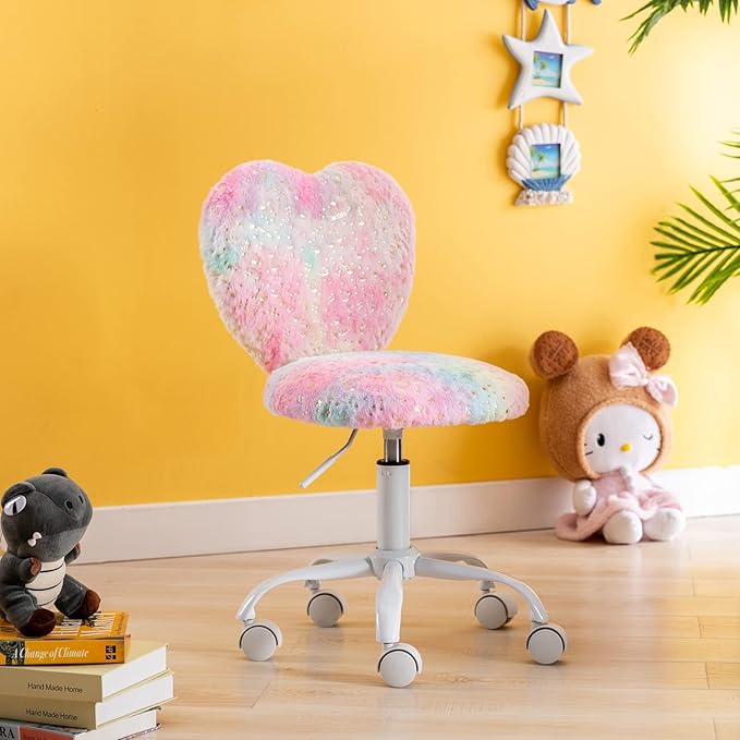Cute Fuzzy Kids Chair for Teenage Girls - Rolling Study Desk & Computer Task Chair with Adjustable Heart Shaped Reading Vanity Seat, Colorful