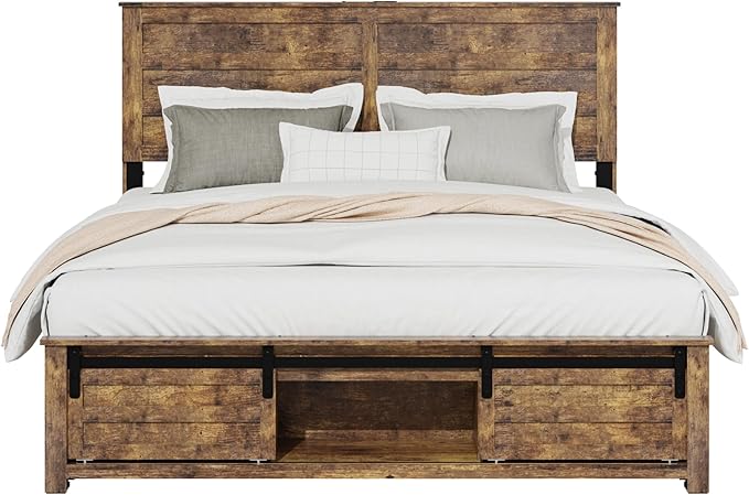 Wooden Queen Size Bed Frame with Headboard, Boho White Farmhouse Storage Bedframe with Sliding Barn Door Footboard and Charging Station, Wood Slats, No Box Spring Needed (Brown, Queen)