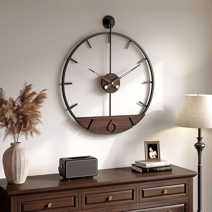 Modern 24 Inch Wall Clock, Minimalist Wood and Metal Wall Decor Clock with Walnut Dial, Silent Non Ticking Battery Operated Clock for Living Room, Kitchen, Office, Bedroom