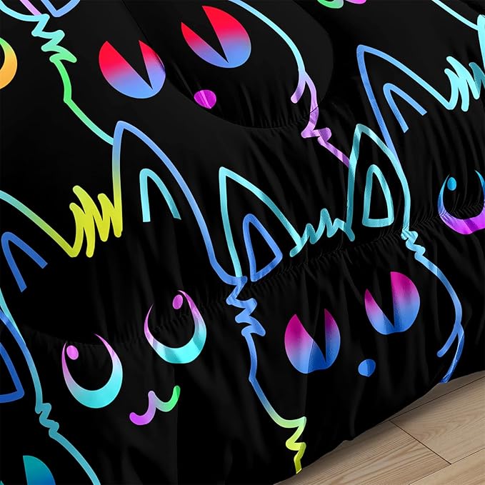 Cat Comforter Set for Girls Room-Colorful Cartoon Cats Bedding Bedroom Room Decor Ultra Soft All-Season with 1 and 2 Pillowcases,Queen Size