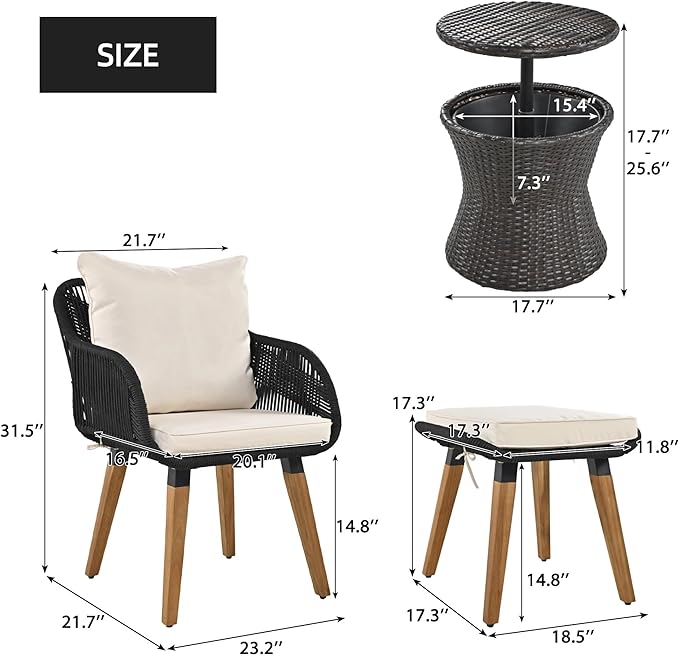 5-Piece Patio Conversation Sofa Set, Rope-Woven Furniture Set with Rattan Cool Coffee Table, Outdoor Furniture Setwith 2 Footstools for Garden, Backyard, Balcony, Black & Beige