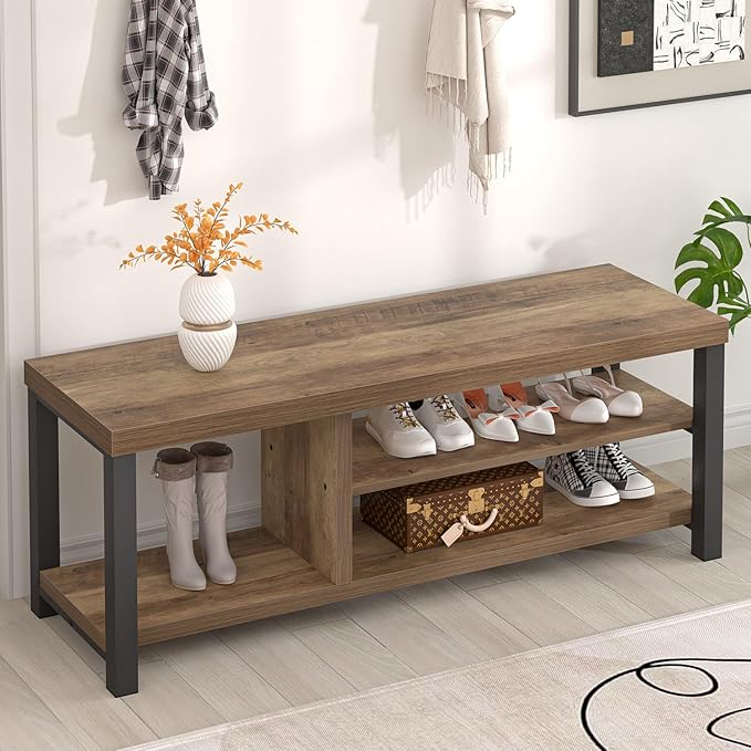 FOLUBAN Shoe Storage Bench, Industrial Entryway Bench, Modern Indoor Wood and Metal Shoe Rack Bench Seat for Bedroom, Hallway, Living Room, Rustic Oak, 47 Inch