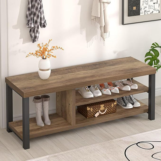 FOLUBAN Shoe Storage Bench, Industrial Entryway Bench, Modern Indoor Wood and Metal Shoe Rack Bench Seat for Bedroom, Hallway, Living Room, Rustic Oak, 47 Inch