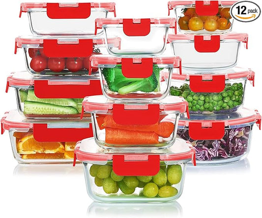 24 Pieces Glass Food Storage Containers Set,Glass Meal Prep Containers-Stackable Airtight Glass Storage Containers with lids,Freezer, Microwave, Oven Safe,Red