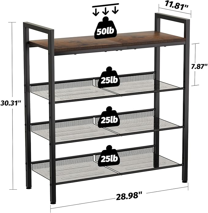 Shoe Rack for Front Door Entrance, 4 Tier Shoe Rack for Entryway, 12-16 Pairs of Shoes, Metal Shoe Rack Organizer, Free Standing Shoe Rack for Closet (Black+Rustic Brown)