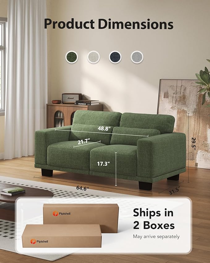 Pipishell Loveseat Couches for Living Room, 65" Modern Sofa with Deep Seats and Wide Armrests, Comfortable Love Seat Sofa with Sturdy Frame, Easy to Clean with Removable Covers,Green