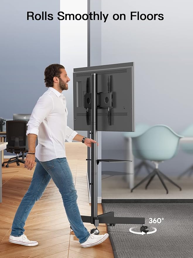 PERLESMITH Rolling TV Stand on Wheels for 23-60 Inch Flat Curved Screen TVs, Mobile TV Cart Height - Adjustable with Shelf/Tray, Portable TV Stand Holds up to 55 lbs, Max VESA 400x400mm, PSTVMC04