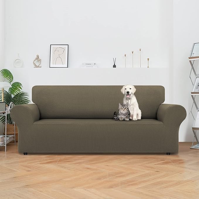 LURKA Stretch Sofa Slipcovers 1 Piece Couch Covers for 3 Cushion Couch Sofa Furniture Protector Full Sofa Covers with Elastic Bottom for Kids and Dog (Large, Khaki)