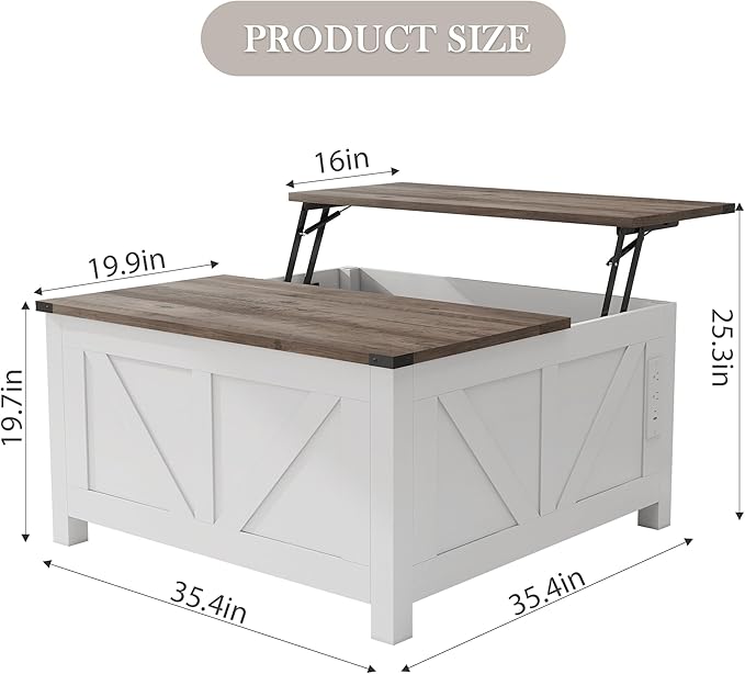 Farmhouse Coffee Table with Lifting Top with Hidden Storage Organizer, Square Lift top Coffee Table for Living Room with Charging Station&USB Ports, 35" Wood Storage Table Set for Home, Office-Grey