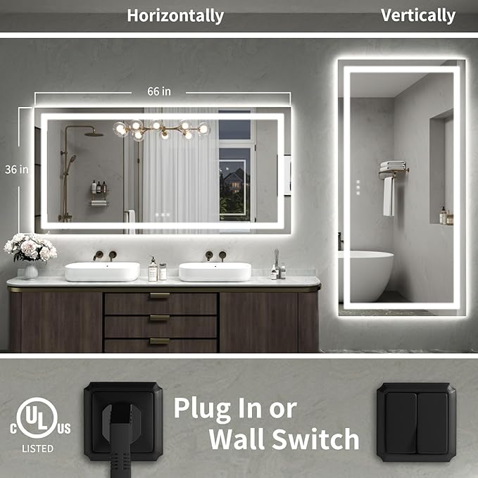 LED Mirror for Bathroom, 66x36 Inch Backlit + Front Lighted Bathroom Vanity Mirror with Lights for Wall, Double Light Strips, 3 Colors, Shatter-Proof, Anti-Fog and Brightness Memory