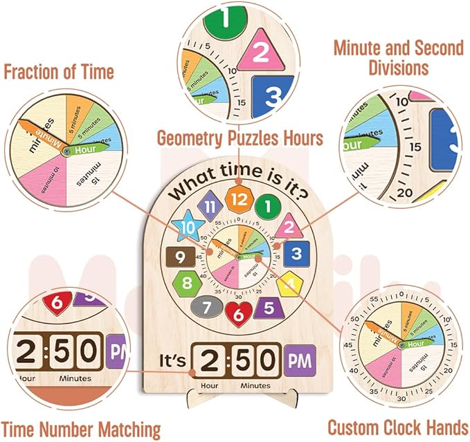 Interactive Learning Sorting Clock for Kids Telling Time Fraction Teaching for Toddler