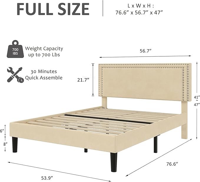 VECELO Full Size Platform Bed Frame with Height Adjustable Upholstered Headboard, Modern Mattress Foundation,Strong Wood Slat Support, No Box Spring Needed, Easy Assembly