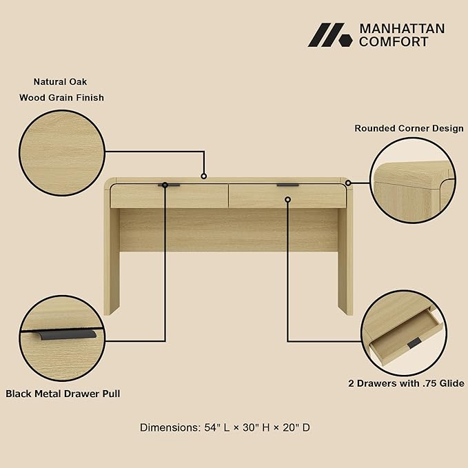 Manhattan Comfort Grace 54" Modern Home Office Desk with Drawers, Metal Handles, and Ample Workspace, Stylish Wood Table for Writing, Vanity, Work or Study, Natural Oak & Black