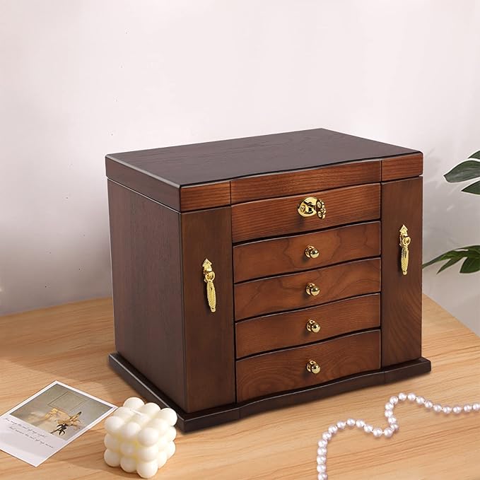 SHZICMY 5 Layers Solid Wooden Jewelry Boxes With Mirror,Vintage Jewelry Storage Organizer for Bracelet Necklace Ring Storage