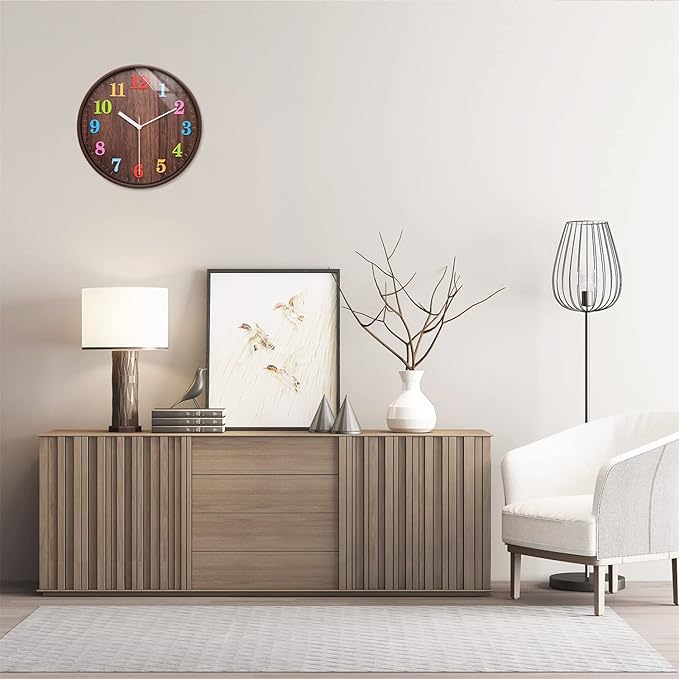 Topkey 12”Silent Round Wall Clock for Children Non-Ticking Colorful Arabic Numerals Easy Read Clock for Living Room, Bedroom,School and Nursery Battery Not Included - Brown
