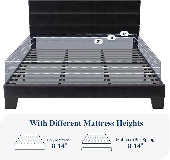 Allewie King Size Platform Bed Frame with Velvet Upholstered Headboard and Wooden Slats Support, Fully Upholstered Mattress Foundation/No Box Spring Needed/Easy Assembly, Black