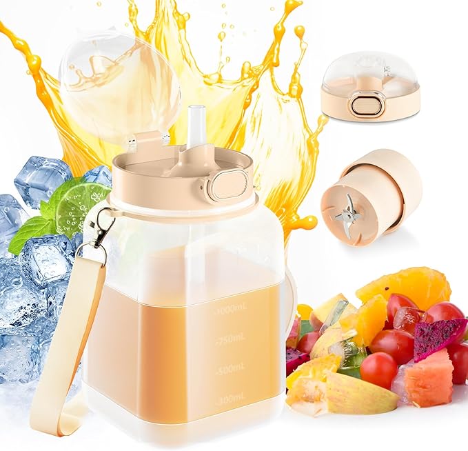 Portable Blender,FOUSIUTIM Personal Blenders for Shakes and Smoothies with34oz Cup, Lid and Shoulder Strap, Type-C USB Rechargeable, Personal Size Blenders BPA-free for Home，Gym/Travel