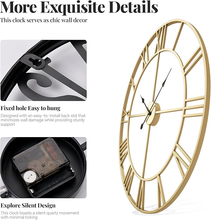 Gold Wall Clock, 24 Inch Large Wall Clock for Living Room Kitchen Mantel, Completely Silent Non Ticking Battery-Operated Metal Round Luxury Decorative Modern Clock - Roman Number