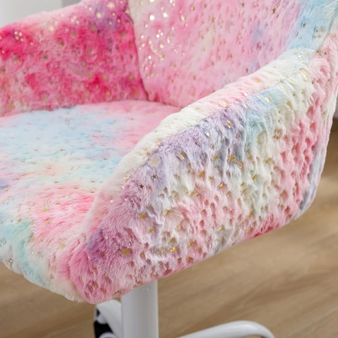 Kids Desk Chair Cute Swivel Reading Chair, Upholstered Adjustable Faux Fur Study Chair with White Wheels for Reading Room Bedroom, Colorful
