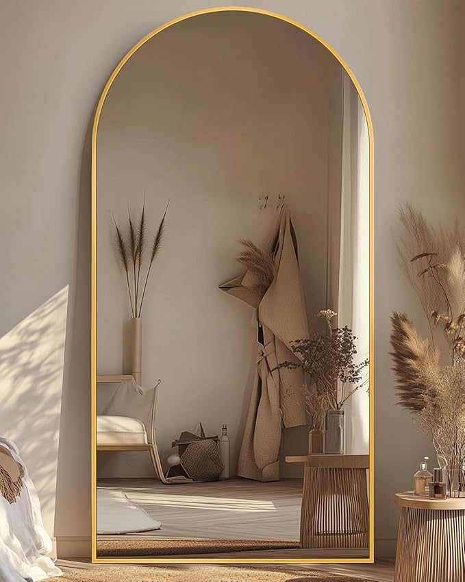 Antok Full Length Mirror, 78"x38" Floor Mirror with Stand, Hanging Mounted Mirrors for Bedroom, Living Room, Cloakroom, Dining Room, Gold, Arched