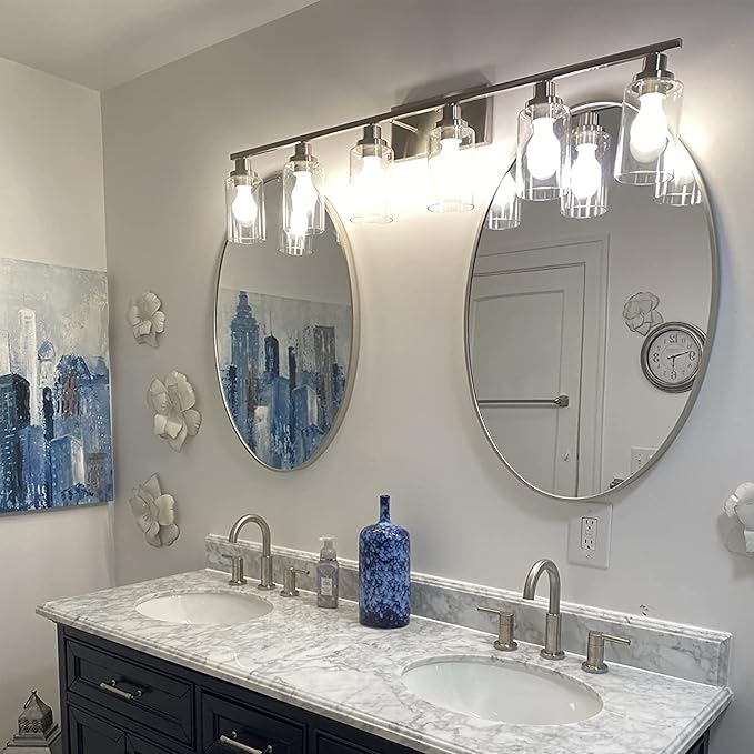 MELUCEE Modern Bathroom Vanity Light Fixtures 6-Light Brushed Nickel Contemporary Wall Light with Glass Shade for Kitchen Living Room Bedroom (Patent No.: US D963914 S)