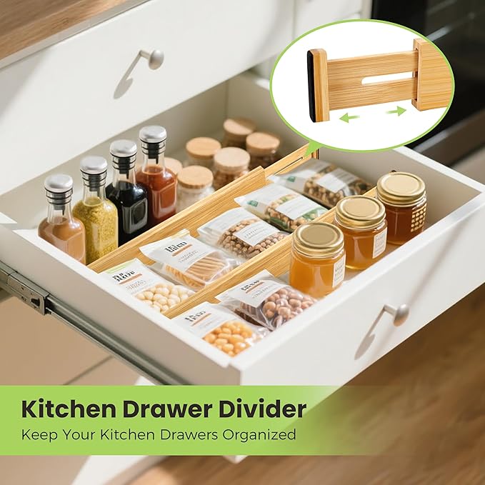 Drawer Divider, Adjustable Bamboo Kitchen Drawer Organizer, Spring Loaded Drawer Organizer, Dresser Separators for Kitchen, Bathroom, Clothes, Office Desk Storage (Natural, 4 Pack Large)