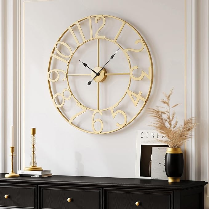 Large Wall Clock, 20 Inch Gold Decorative Wall Clocks Battery-Operated, Modern Metal Round Clock Silent Non Ticking Arabic Numerals for Living Room Kitchen Mantel Office Decor