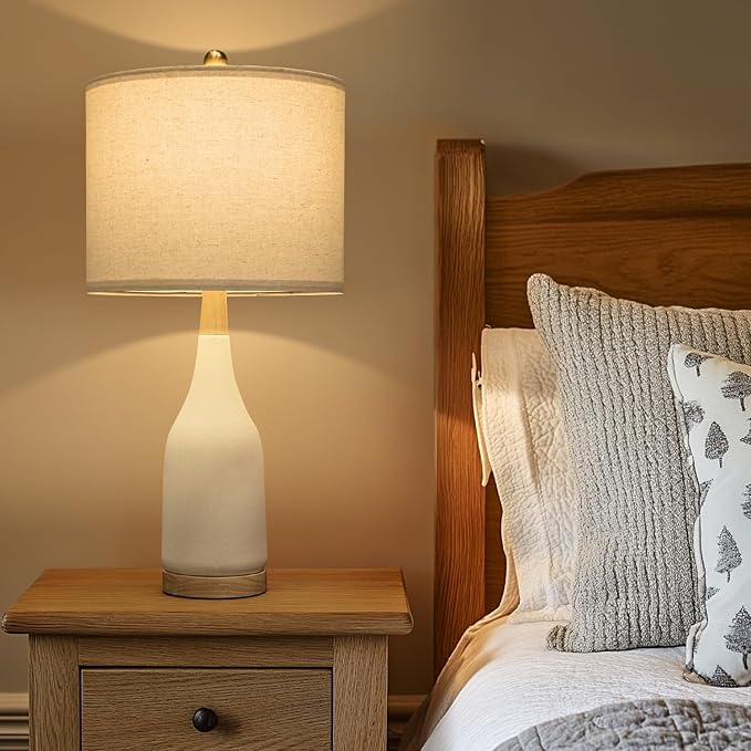 PORTRES 27" Ceramic Table Lamps for Bedroom Living Room Vintage Lamp Set of 2 Bedside Nightstand Lamp Large Farmhouse Rustic Boho Retro Modern Table Lamp Light Home Office Desk Deco Gifts, White