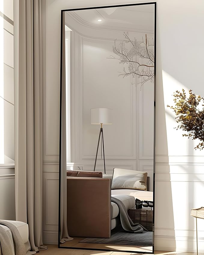 Antok Full Length Mirror, 58"x18" Floor Mirror with Stand, Hanging Mounted Mirrors for Bedroom, Living Room, Cloakroom, Dining Room, Black, Rect