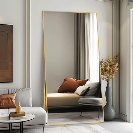 Beauty4U 76" x 34" Large Full Length Mirror with Stand, Gold Wall Mounting Full Body Mirror, Metal Frame Full-Length Mirror for Living Room, Bedroom