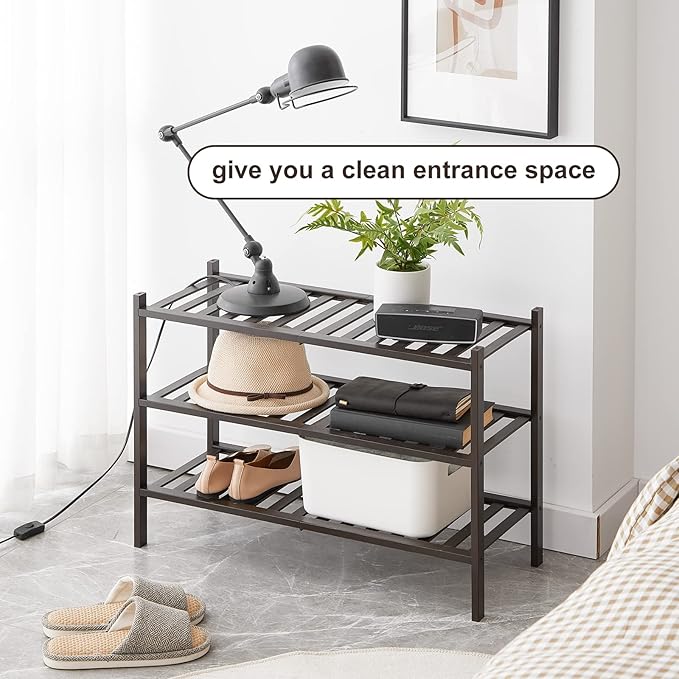 Shoe Rack, 3-Tier Bamboo Stackable Shoe Shelf Storage Organizer, Shoe Stand for Closet, Entryway and Hallway