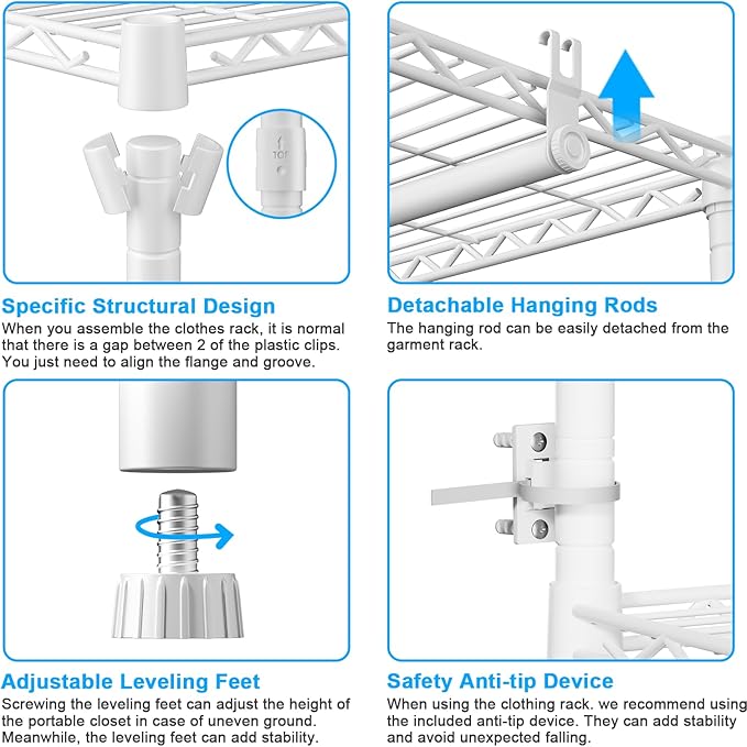 Ulif E13 Heavy Duty Clothes Rack（With 4 Hanger Rods & 8 Shelves） Freestanding Clothing Racks for Hanging Clothes，Adjustable Closet Organizer，Metal Garment Rack 63" W x16 D x77 H，Max Load 900LBS，White