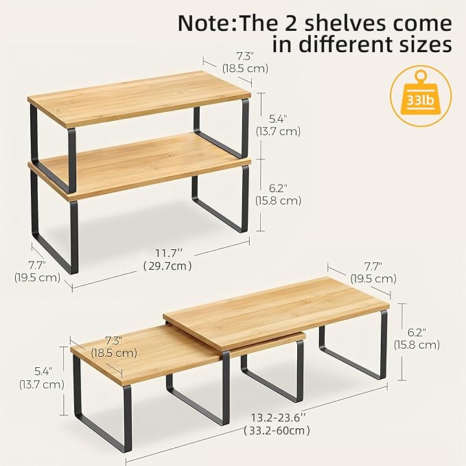 2 Pack Cabinet Organizer Shelves, Stackable and Expandable Kitchen Counter Shelf, for Kitchen Cabinet Countertop Storage, Spice Rack, Metal and Premium Bamboo (Black, 11.7" W)