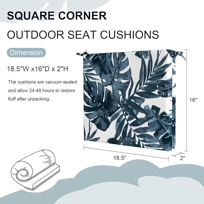 Set of 4 Outdoor Square Chair Cushions 18.5"x16"x2" for Patio, Water Resistant Patio Dining Seat Pads Replacement for Kitchen Garden and Outdoor Furniture Decoration - Palm Blue