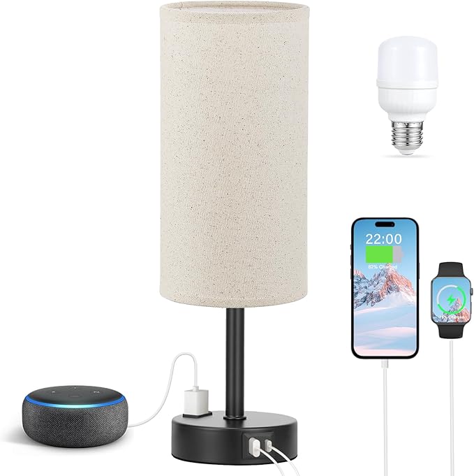 Beige Touch Table Lamp for Bedroom - 3 Way Dimmable Bedside Lamp USB C Charging Ports and AC Outlet, Small Lamp with Fabric Shade Black Base for Living Room, Office Desk, LED Bulb Included