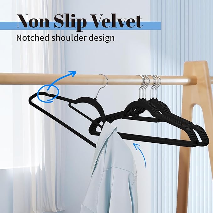 Smartor Black Velvet Hangers 20 Pack, Space Saving Clothes Hangers with Tie Bar, Non-Slip Felt Hanger with Shoulder Notches, Heavy Duty Suit Hanger for Coat, Shirt, Pants, Dress