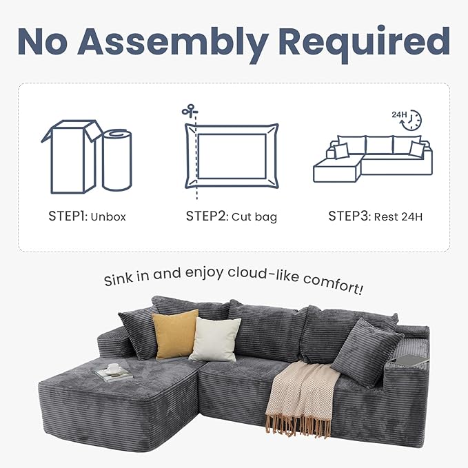 OC Orange-Casual 106.3" Cloud Sectional Couch with L-Shape Chaise,No Assembly Required Modular Sofa,Upholstered Boneless Couches for Living Room, Plush Corduroy Fabric (Grey, Left Facing Chaise)