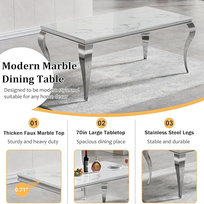 Goujxcy 70" Marble Dining Table Set for 6, Modern 7 Piece Dining Room Table Set with White Faux Marble Dining Table & 6 Beige Velvet Upholstered Chairs, Luxury Silver Kitchen Table Chairs Set of 6