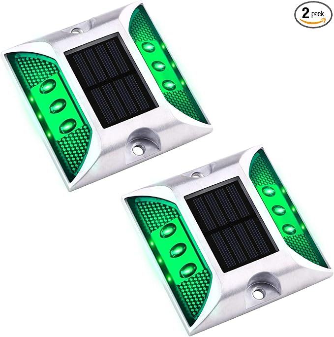 Aolyty Solar Dock Lights - IP68 Waterproof Outdoor Warning Step Lights, Reflective Road Marker for Sidewalk, Stair, Garden Pathway, Walkway (2 Pack, Green)