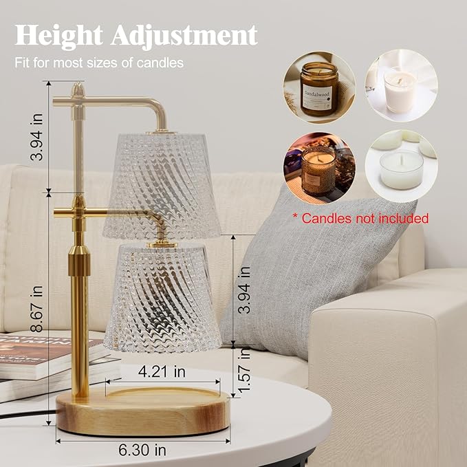 Candle Warmer Lamp with Timer Dimmable - Height Adjustable Candle Warmer for Jar Candles - Birthday Gifts for Women Mom - House Warming Gifts New Home Decor (Wood Base Clear Shade)