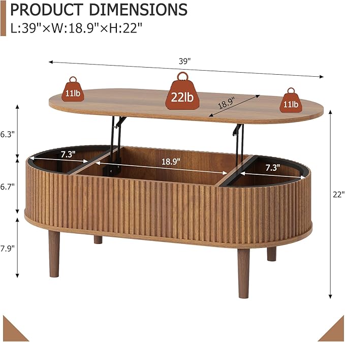 Ludatido 39 Inch Lift Top Coffee Table with 3 Storage for Living Room, Oval Coffee Table with Hidden Compartment, Fully Wooden Center Easy to Assembled for Home Living Room Office Brown