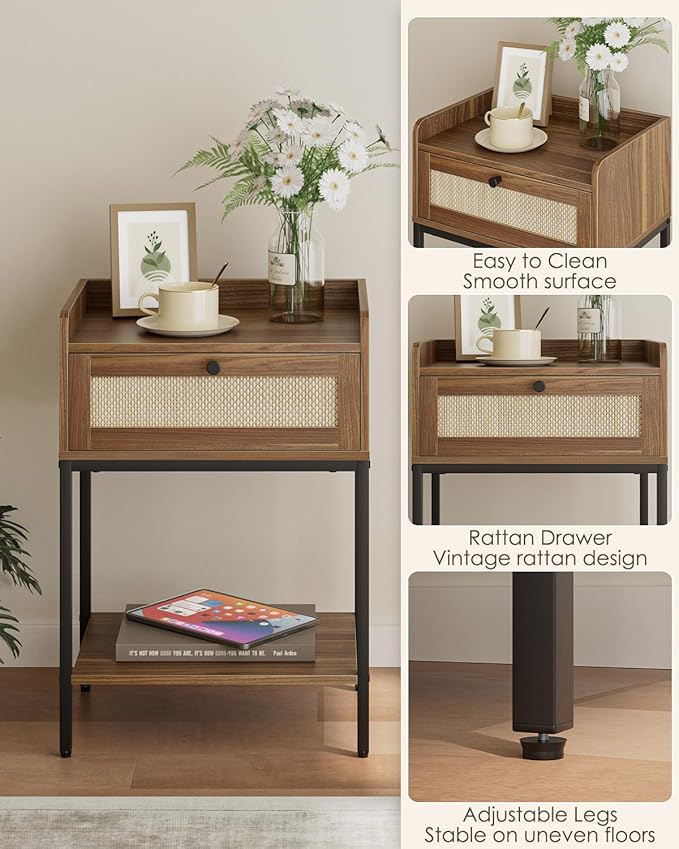 Masupu Rattan Nightstand,3-Tier Modern Bedside Night Stand with Storage Drawer and Shelf,Small End Side Table for Bedroom,Living Room,Walnut Brown (Without Outlet, Brown)