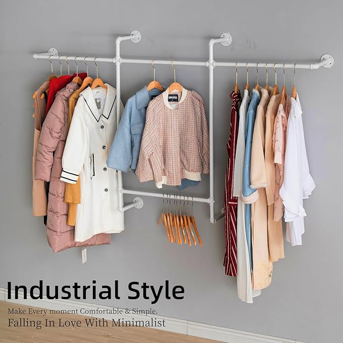 Industrial Clothing Racks Garment Racks, Wall Mounted Pipes Clothes Racks with Four Hanging Rods, Heavy Duty Garment Racks, Industrial Steampunk Closet Organizer Hall Tree (Metal Pipes-White)