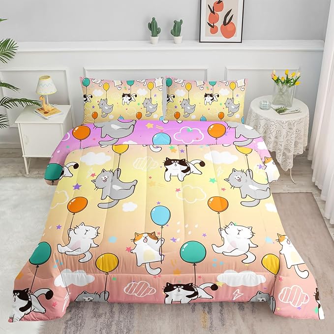 Kids Comforter Set Cute Cats Printed Pattern Bedding Set with 1 Comforter and 2 Pillowcases for Girls Boys Bedroom All Season(Cat1 Full)