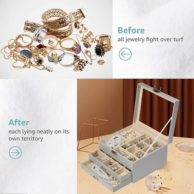 BOOVO Clear Lid Jewelry Box,3 Layers Jewelry Organizer Large Multi-Functional Jewelry Storage Box with 2 Drawers,Jewelry Display Case of Rings Earrings Necklace Bracelets for Women Girls (Grey)