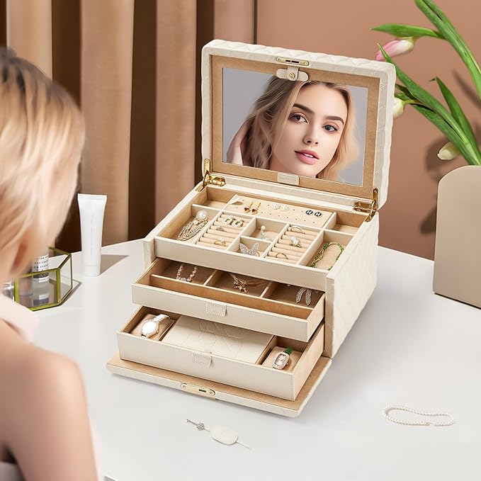 Vee Jewelry Box, 3-Layer Jewelry Case Diamond Quilted Leather Jewelry Organiser with Drawers,Jewelry Storage with big Mirror,Multipurpose Use with Key Lock,Gift Idea (beige, Large-13.39*10.04*8.66in)